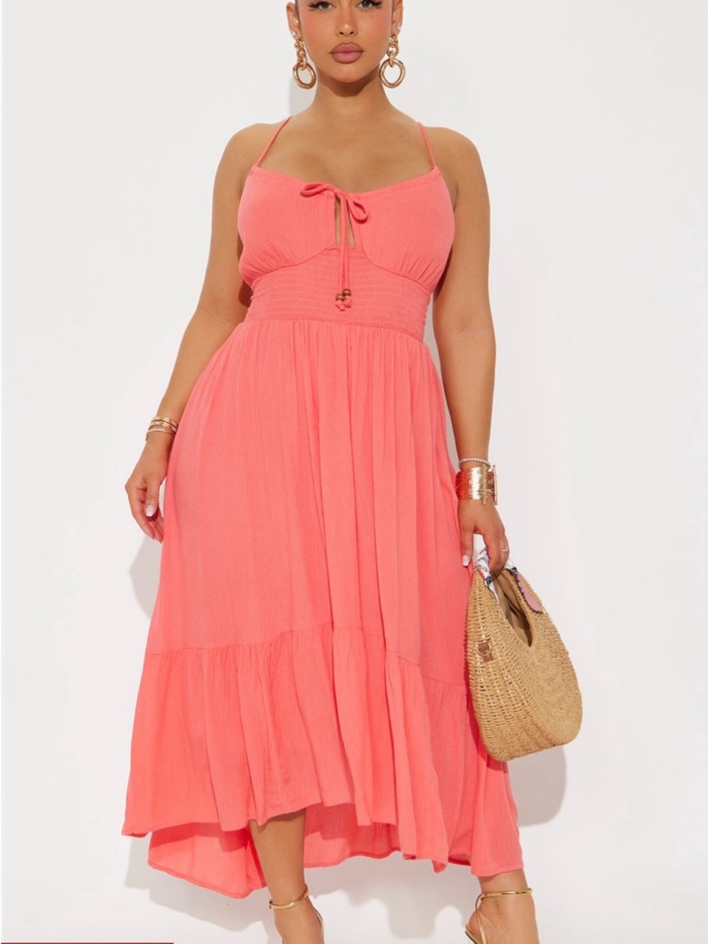 Fashion nova Coral Tie-Front Smocked Midi Dress medium